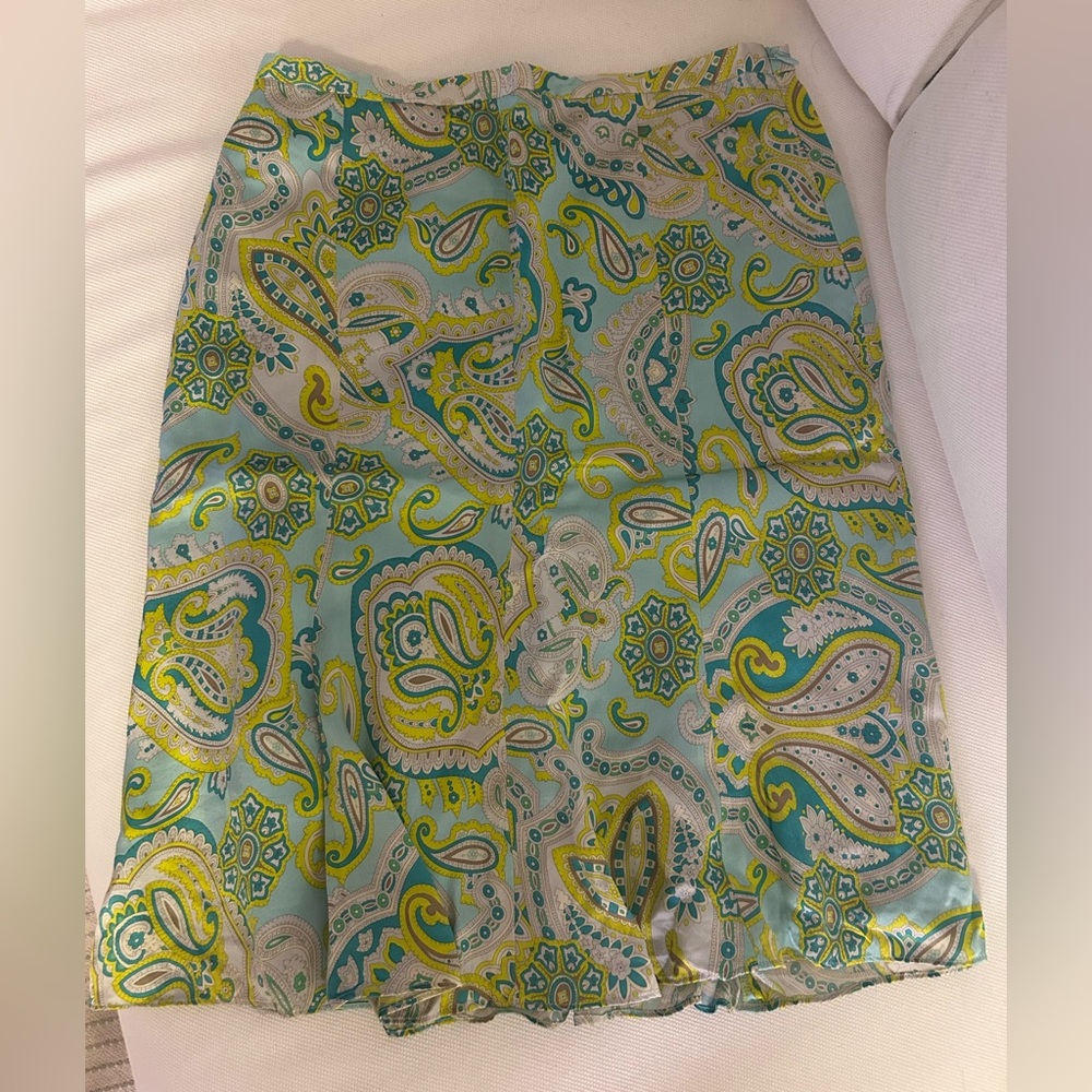 Banana Republic Paisley Silk Vintage A-Line Skirt - Green and Yellow - Y2K